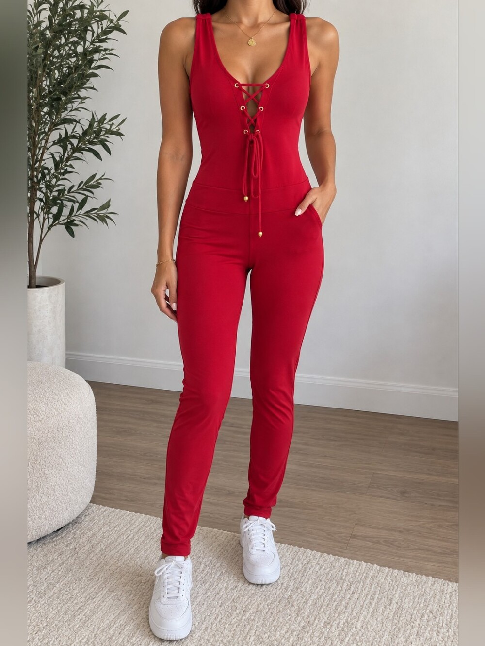 Women’s Sexy Red Lace-Up Jumpsuit
